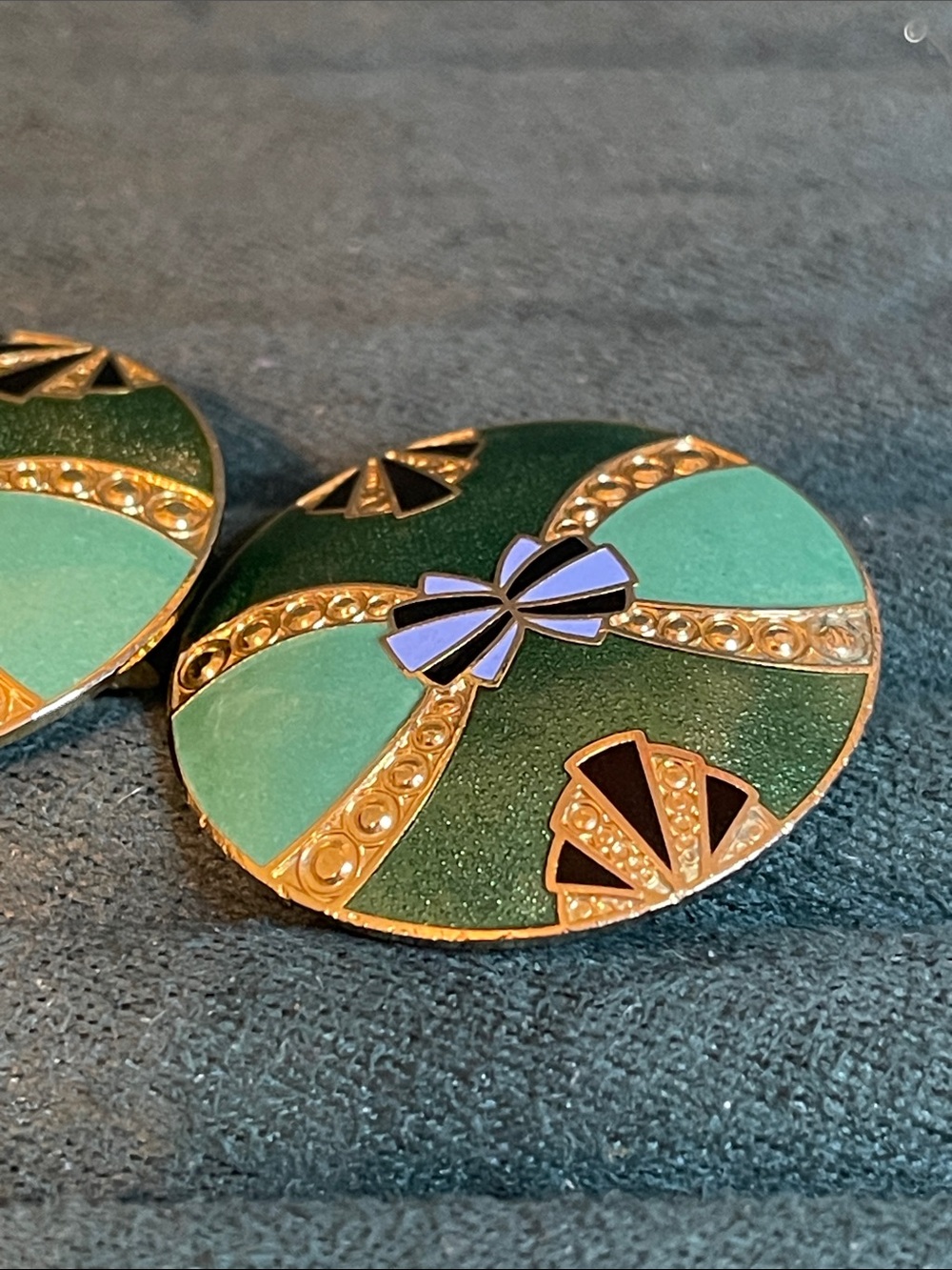 Vintage Art Deco Cloisonné Enamel Disc Clip On Earrings - Picture 5 of 8